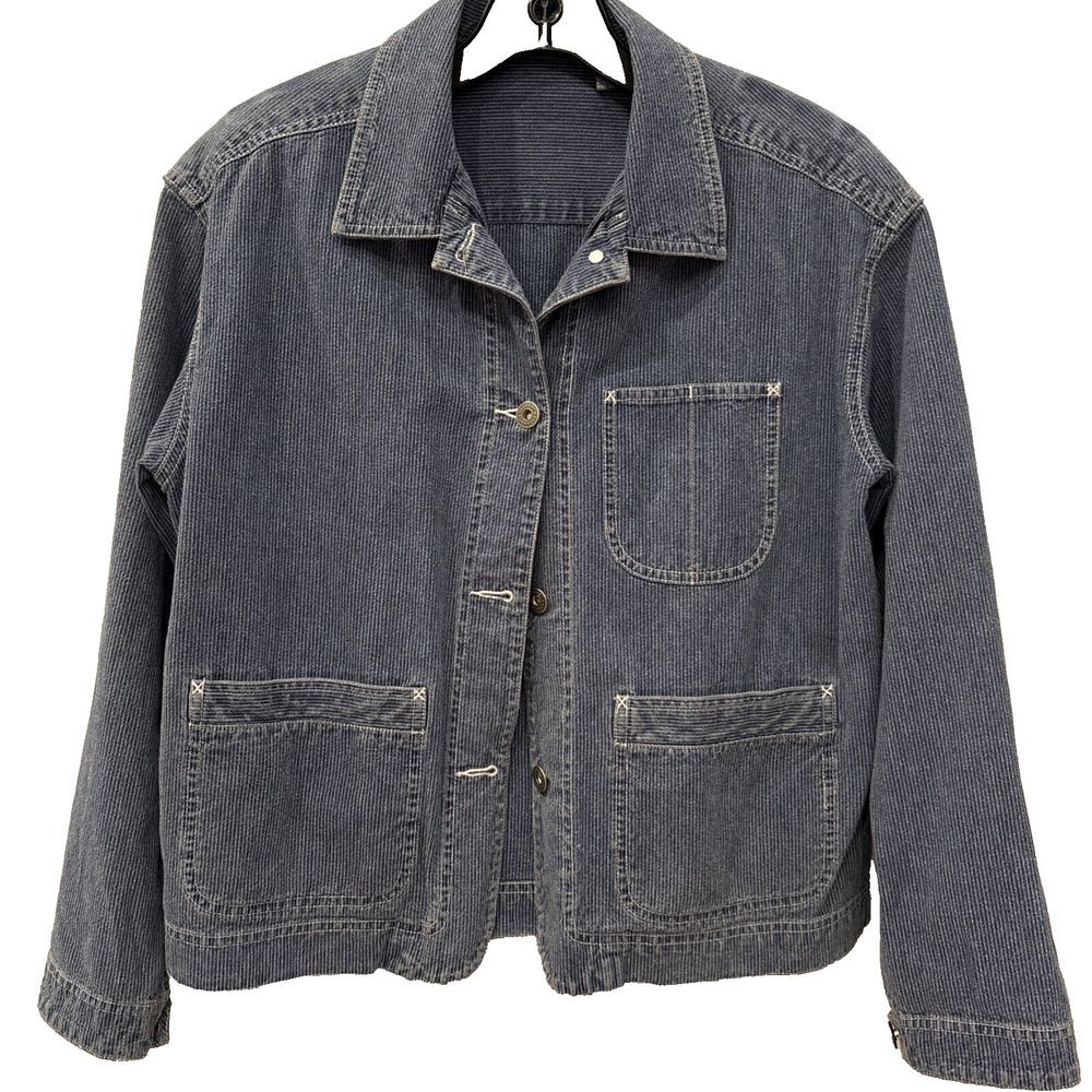 VTG LIZ Claiborne Blazer Blue Denim Jean Jacket Blazer Pinstriped Womens Size PS